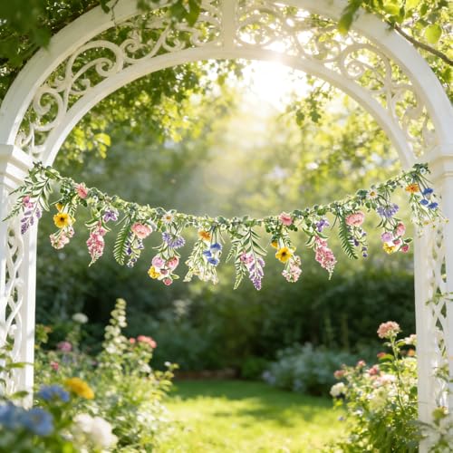 SUNBEAUTY Garden Party Flower Banner Spring Summer Reusable Wildflower Garland for Enchanted Garden Woodland Tropical Theme Wedding Baby Shower Birthday Tea Supplies Girl Decorations