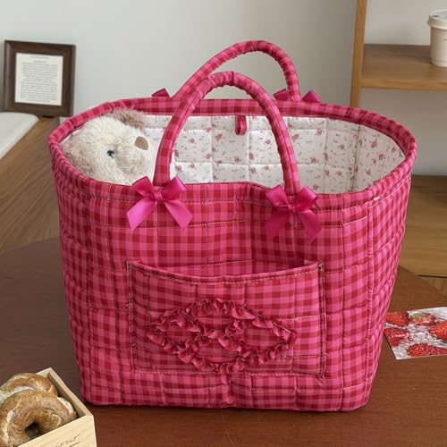 Image of Quilted Fabric Basket Car Storage Basket Boho Floral Laundry Hamper for Nursery Bedroom & Living Room | Organize Clothes Toys (Hot Pink Gingham Check)