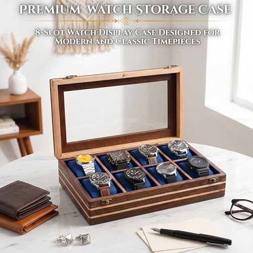 Image of Mens watch box, Watch display case, Indian Rosewood watch box organizer for men, Velvet lining glass lid, Solid Gift for Him, Made for Special Occasions (Dark brown - 8 room - 2)