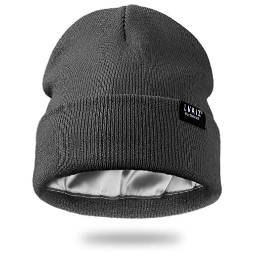 Image of Satin Lined Winter Beanie Hats for Women Unisex Cotton Knitted Cuffed Knit Hat with Silky Lining Slouchy Skull Cap
