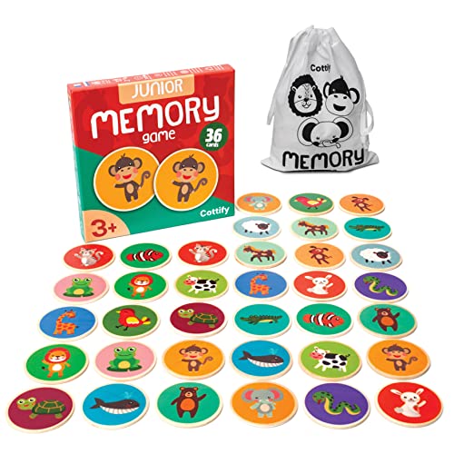 Montessori-Inspired Wooden Matching Game for Toddlers 2-4 Years - Durable Scratch-Resistant 36 Card Set Includes Carry Bag - Memory Game for Toddlers 2-4 Years - Cognitive Verbal Skills Development