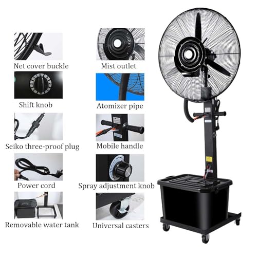 Ventilateur brumisateur 260 W industriel à 3 vitesses pour terrasse, magasin, serre et garage