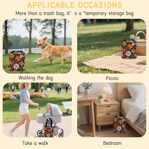 Image of Colorful Flowers Car Trash Bag, Hanging Drawstring Car Garbage Bag,Canvas Car Back Seat Organizer with Adjustable Buckle for Men and Women
