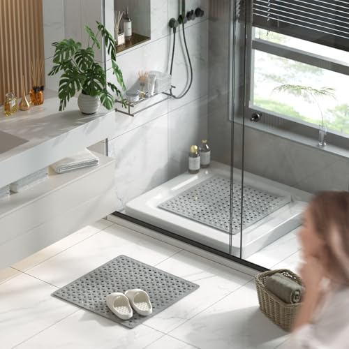 Image of HITSLAM Shower Mat Anti Slip, Square Bath Mat for Tub Non Slip with Suction Cups and Drain Holes, 21x21 Inch Bathroom Shower Stall Floor Mat, Machine Washable, Soft on Feet, Grey