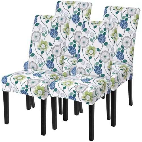 Image of SearchI Printed Dining Room Chair Covers Set of 4, Stretch Kitchen Chair Covers Washable Parsons Chair Slipcover Removable Dining Chair Protectors for Hotel,Ceremony(Green Flowers)