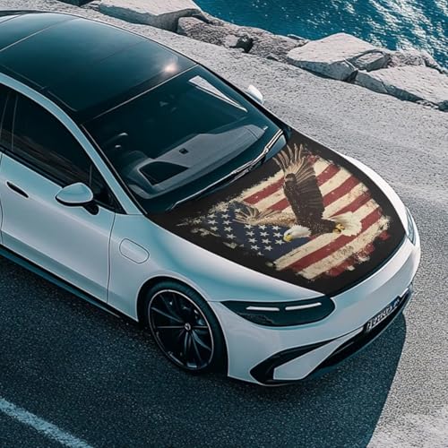 Image of Bald Eagle American Flag Style Car Hood Cover Stretchable Car Hood Protector Waterproof Sun Proof 4th of July Patriotic Decorations Easy Installation for Most Sedans SUV Trucks Pickup