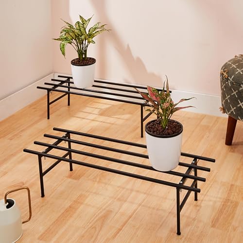 Image of Amazon Brand - Solimo Folding Metal Plant Stand (Pack of 2, Black) - Heavy-Duty, 50 kg /Shelf Load Capacity, 22.5 x 79 x 18 cm, Indoor & Outdoor Use