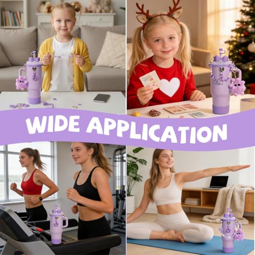 Image of HASTHIP Stanley Cup Accessories Set, 6Pcs Tumbler Cup Accessories with Sweet Bow Beaded Chain Handle, Purple Bow Straw Charm & Tip Cover, Soft Bottom Sleeve (NOT Included Cup)