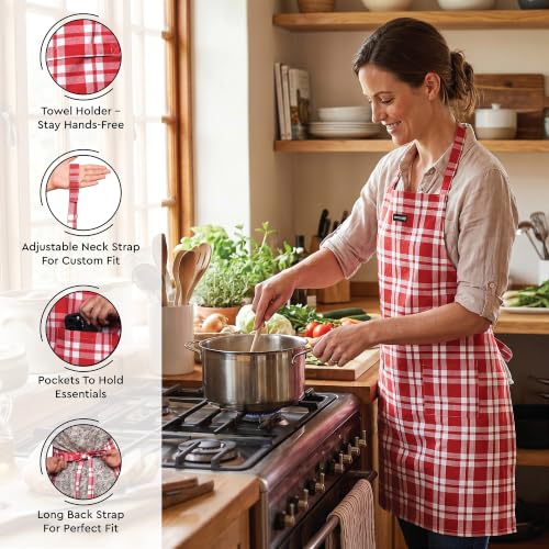 Image of Encasa XO 100% Cotton Apron Set for Women & Men with Adjustable Apron, Oven Gloves & Pot Holder (Pack of 3) Combo, Heat-Resistant, Soft & Durable for Cooking, Baking & Grilling (Franca Red Checks)