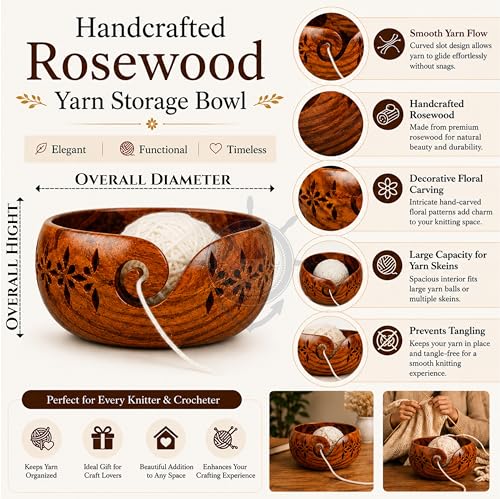Image of Premium Rosewood Storage Bowl for Yarn Balls & Skeins with Decorative Carved Drills & Drops & Candy Knitting Needles | Knitting & Crochet Notions | Nagina International (Large)