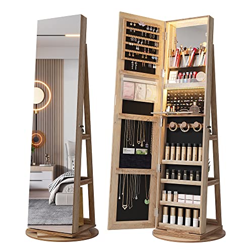 HNEBC LED Light Jewelry Organizer Mirror 360° Rotating, Jewelry Armoire with Door Mirror, Full Length Mirror Jewelry Cabinet, Mirror with Jewelry Storage, Large Jewelry Boxes & Organizers（B_