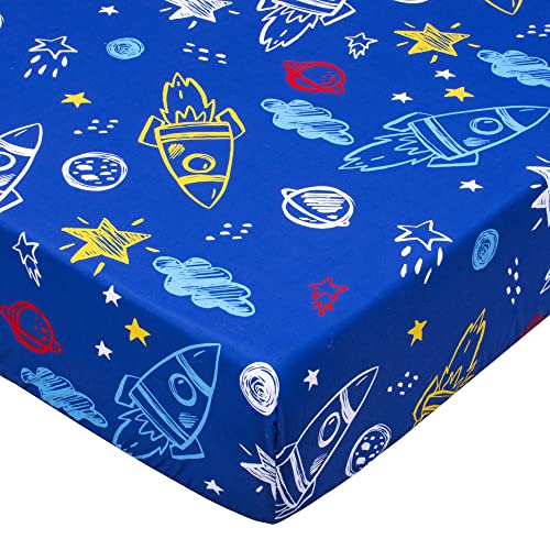 Image of UOMNY Crib Sheet Fitted Crib Sheets Space Baby Sheet for Standard Crib and Toddler Mattresses 52x28 inch Nursery Bedding Sheet Crib Mattress Sheets for Boys and Girls 1 Pack Space Toddler Sheet Blue