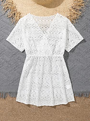 Cozyease Girls' Hollow Out Surplice V Neck Bikini Cover Up Solid Short Sleeve Plain Swimsuit Cover Up White 10Y #TOP4