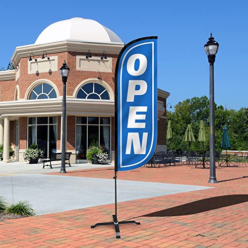 Image of LookOurWay Feather Flag Set - 5ft Tall Advertising Banner Flag with Pole Kit and X-Stand for Business Promotion - Open, Blue /White