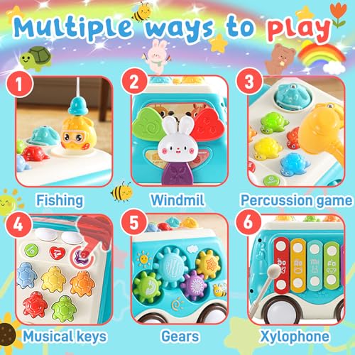 Jouet Enfant 1 2 3 an,Jouet Montessori Bebe,Bus Musicaux Sensoriel avec Jeu Pêche,Jeu Marteau,Jouets Éducatifs Motricité Fine,Cadeaux d'anniversaire pour 12-18 Mois Garçon Fille – Image 3