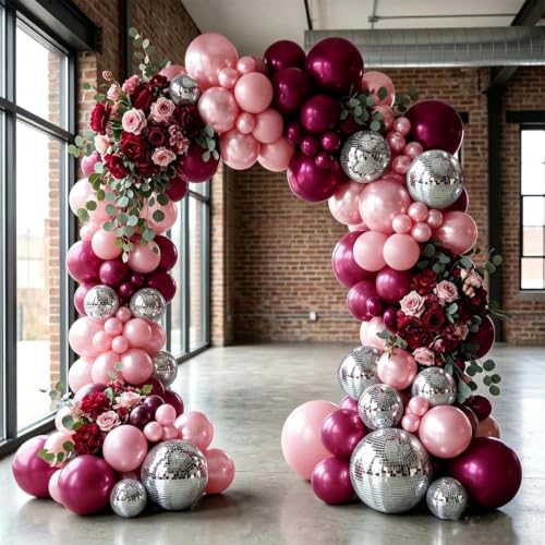Image of Purple Pink Balloon Arch Double Stuffed Burgungy Pink Pearl Balloons Plum Silver Disco Balloon Garland for Birthday Prom Bridal Shower Mother's Day Wedding Music Theme Party Decoration