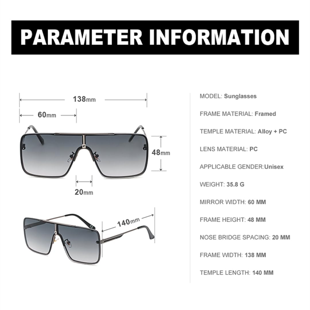 Gafas de sol extragrandes de una pieza, estilo punk vintage de lujo sin montura para hombre.