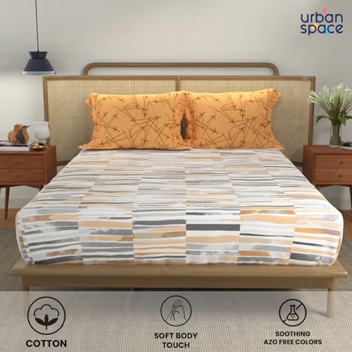 Image of Urban Space Divine 144 TC 100% Cotton Printed Fitted Bedsheet King Size with 2 Pillow Covers, Size 78 inch x 72 inch, Stripes Mustard