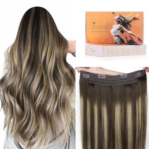 Image of DOORES Wire Hair Extensions 16 Inch 95g Remy Human Wire Hair Extensions Invisible Transparent Line Adjustable Hairpieces Secret Extensions Straight Hair Balayage Chocolate Brown to Caramel Blonde