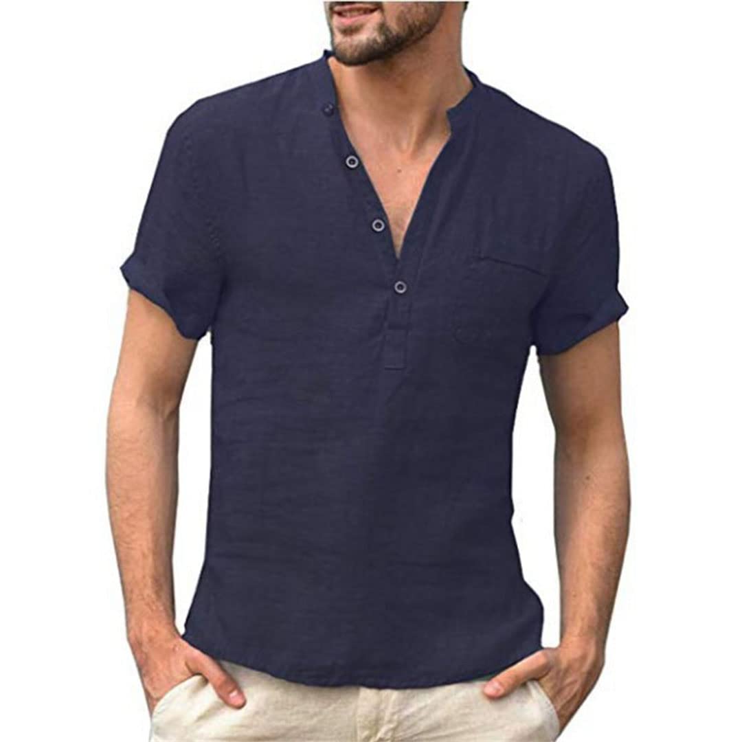 Camiseta de manga corta para hombre, de algodón y lino, informal, para hombre, ver fotos, L