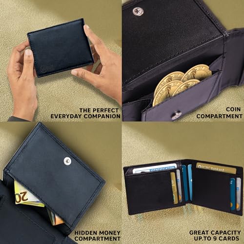Genuine Leather Mens Wallet RFID Protection Nine Business card holder Slots, Slim Wallet for Men with Coin And Hidden Currency Compartment (Black)3