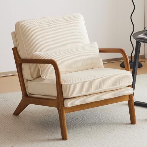 Bonnlo Sillón Butaca Individual de Salón, Estilo Nórdico Retro, Tapizado de Pana Acanalada Suave, Estructura de Madera Maciza, Cojín Incluido, 65×80×78 cm, Carga Máxima 150 kg (Beige)