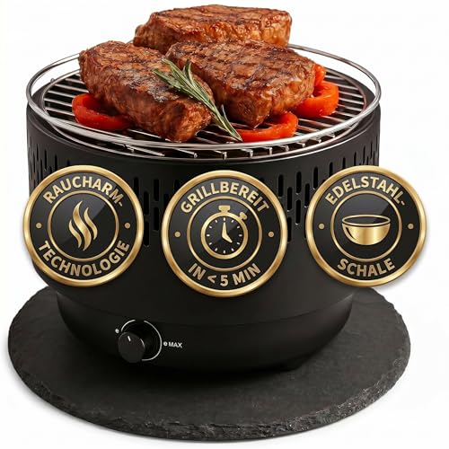 SOUK ONE Tischgrill mit Aktivbelüftung und Edelstahlschale Holzkohlegrill Grill mit Lüfter Campinggrill BBQ Outdoor (Schwarz)