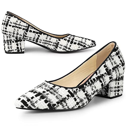 Allegra K Women's Pointy Toe Tweed Plaid Knitted Printed Chunky Heels Pumps3