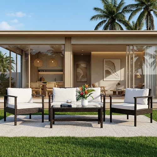 Image of BRISHI Outdoor Sofa Set || Balcony Sofa || Patio Furniture Sets || Indoor Sofa|| Wicker Rattan Garden Sofa Set with Cushion and Center Table, 4 Seater (Brown & White)