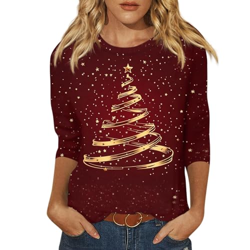 Women Christmas Shirt,3/4 Sleeve Shirts for Women Xmas Moose Print Work Blouse Winter Tunic Top Dressy Womens Christmas Tops Fall Crewneck Christmas Clothes Deep Red L