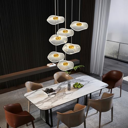 Image of ziidoo High Ceiling Chandelier - 7-Light Dimmable Modern Gold Long Spiral Luxury Linear Lotus Leaf Led Lamp Hanging Pendant Lights for Foyer Enterway Staircase Villas