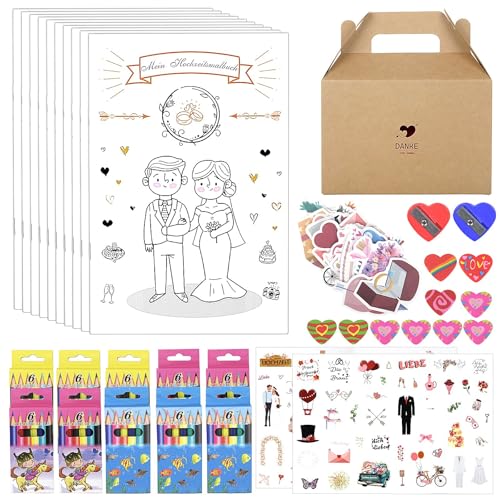 YSWOVUO Juego de 10 Libros para Colorear de Boda para Niños, Libro para Colorear de Boda con Pegatinas, Lápices de Colores, Sacapuntas, Goma de Borrar y Caja de Regalo