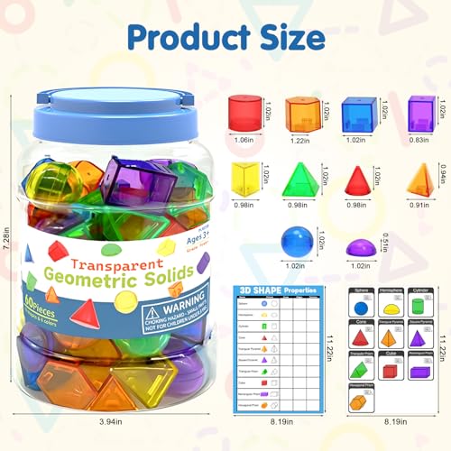 Image of 60 PCS 3D Shapes for Kids,Translucent Geometric Solids,Light Table Math Manipulatives for Teaching Geometry,Preschool & Kindergarten Classroom Homeschool STEM Learning Toy