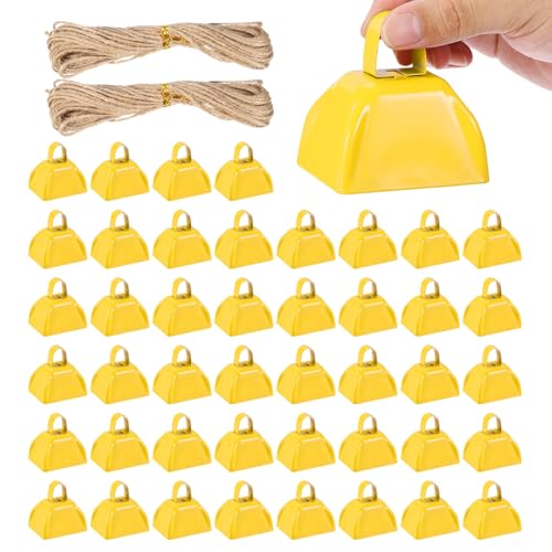 PATIKIL 48pcs Cow Bells for Football Games, 3 Inch Cowbells for Sporting Events Bulk Loud Noise Makers Metal Cow Bell with Rope for Cheering Wedding, Yellow