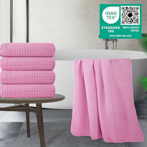 Image of POLYTE 430 GSM Microfiber Oversize Quick Dry Lint Free Bath Towel, 60 x 30 in, 4 Pack (Waffle Weave)