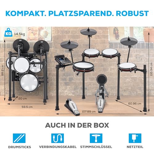 Alesis Nitro Max Kit – Kompaktes E-Drum Set mit leisen Mesh-Pads, 10\ Dual-Zone Snare, Bluetooth, 440+ BFD-Sounds, Drumeo, USB MIDI, Fußmaschine