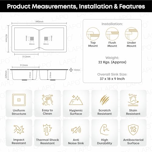 Image of LAPO Dual Bowl Quartz Granite Kitchen Sink | 37x18 Inch UV Protected Surface & Reduce Water Splash Noise | Tap Hole, Coupling, Drain Basket & Hose Pipe | 3 Year Warranty (Black Metallic)