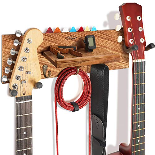 Guitar Holder Wall Mount with Double Rotatable Rubber Hook, Solid Wood Guitar Hanger with Shelf and Pick Holder, Guitar Hanging Rack for Acoustic Electric Guitar, Bass, Banjo, Guitar Accessories