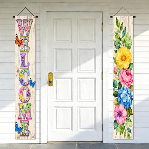 Image of Nuxovilar Welcome Floral Butterfly Door Banner Polyester 70x12 In