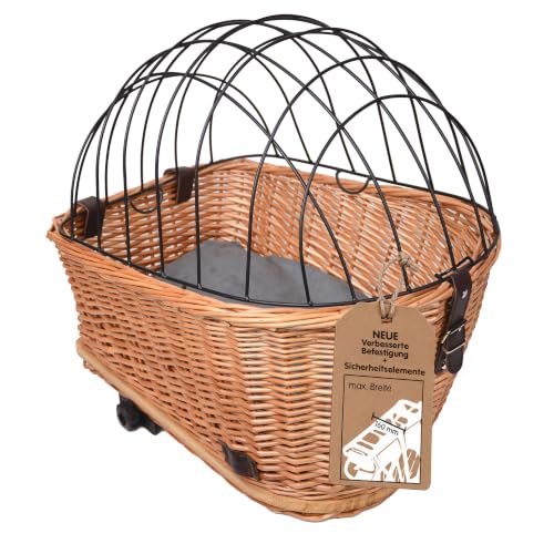 UNUS Hundefahrradkorb für Gepäckträger aus Weide Fahrradkorb mit Gitterabdeckung und Kissen 47x29x34cm