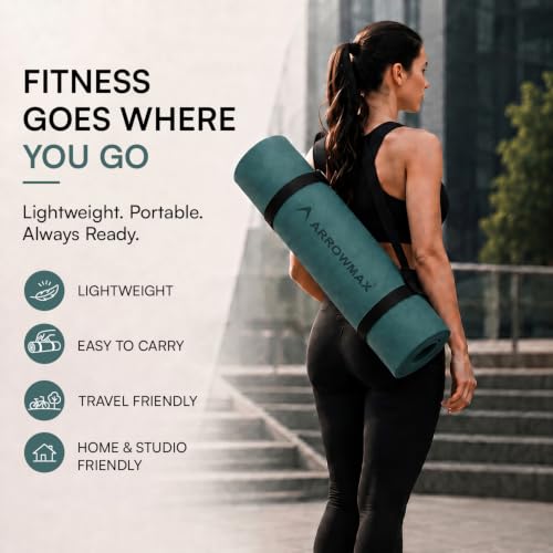 Image of Arrowmax 4mm Yoga Mat with Carry Cover for Men & Women, Anti-Skid Exercise Mat for Yoga, Pilates, Meditation, Stretching & Home Workout, Lightweight Portable Fitness Mat (GREEN)