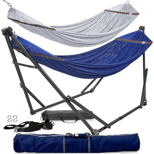 Image of Tranquillo Combo x2 Hammocks with Stand for Outside & Tree Straps, Heavy Duty Hammock with Stand 600lbs for Indoor Outdoor Patio Backyard, x2 Hammocks for 2 Person (Combo - Blue, Medium)