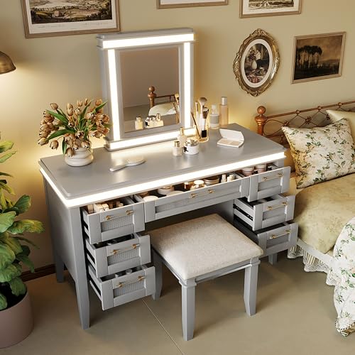 Image of 48 inch Vanity Desk with Mirror, Classic Makeup Vanity with 7 Drawers and Cushioned Stool, Hollow Design Drawer, Rubber Wood Legs, Dressing Table with Bamboo Weave Design, Easy Assembly (Grayish Blue,08)