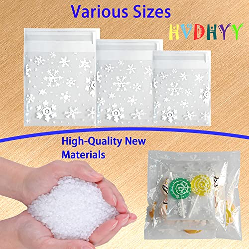 HVDHYY 600pcs Sachet Plastique Transparent Noel Sachet Bonbon Biscuit Petit Sacs OPP Cellophane Autocollants 7X10cm 10X13cm 14X17cm pour fête d'anniversaire/Noël /Mariage (Flocon de neige) - Image 5