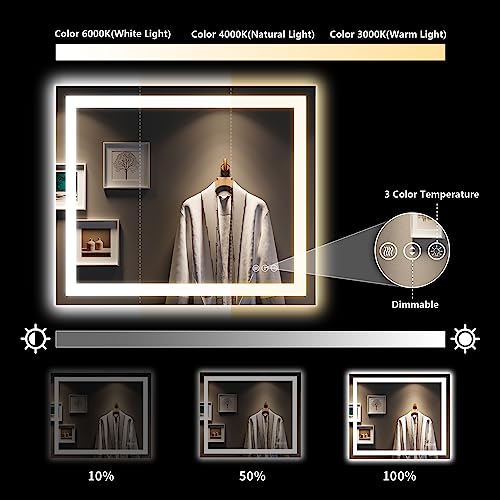 Image of 36x30 Inch LED Bathroom Mirror with Lights Front and Backlit Lighted Vanity Mirror for Bathroom Wall with 3 Colors Dimmable Anti-Fog Memory Shatter-Proof IP54 Waterproof Horizontal /Vertical