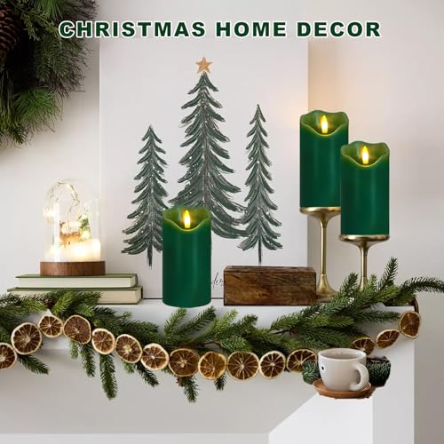 Image of Green Flameless Candles Set of 2, Christmas Candles with Remote & Timer