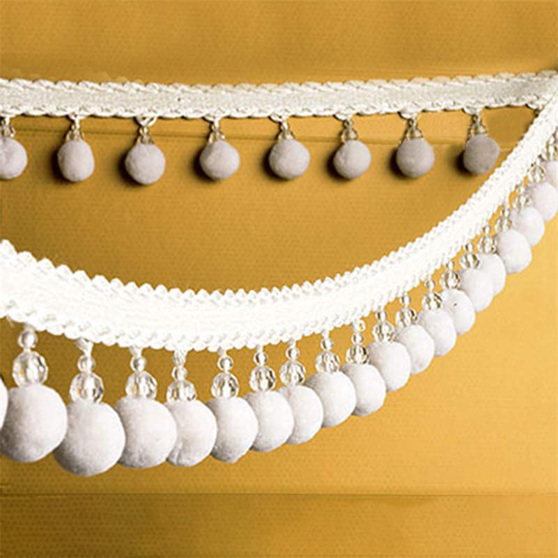Ozdobne frędzle z koralikami, 1 metr taśmy warkoczowej kulki frędzle wstążka koronka tkanina zasłona obrus(White)