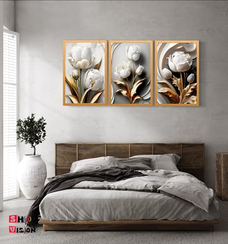 Quadro Decorativo Flor Tulipa Branca Dourada Ouro Trio 3 Peças Fácil Fixação com Fita Dupla Face