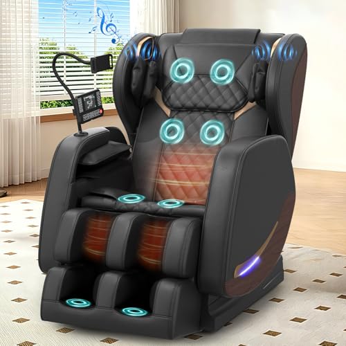 yewglen Massage Chair Zero Gravity Massage Chair Full Body with 14 Fixed Rollers Back Waist & Foot Massage 8 Airbags Heating Bluetooth and Control Screen Wood Grain Leather