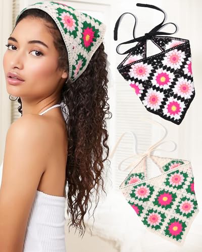 2 PCS Crochet Bandanas Floral Bandana Headband Tie Knitted Headscarf Hair Bandanas for Women Girls Head Kerchief